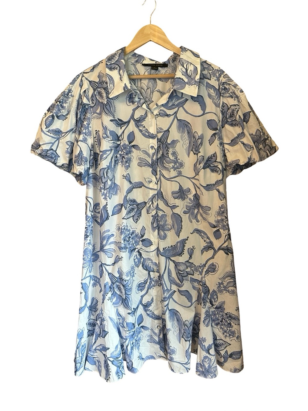 Cynthia Steffe Blue White Floral Bubble Sleeve Button Down Midi Skirt 2X